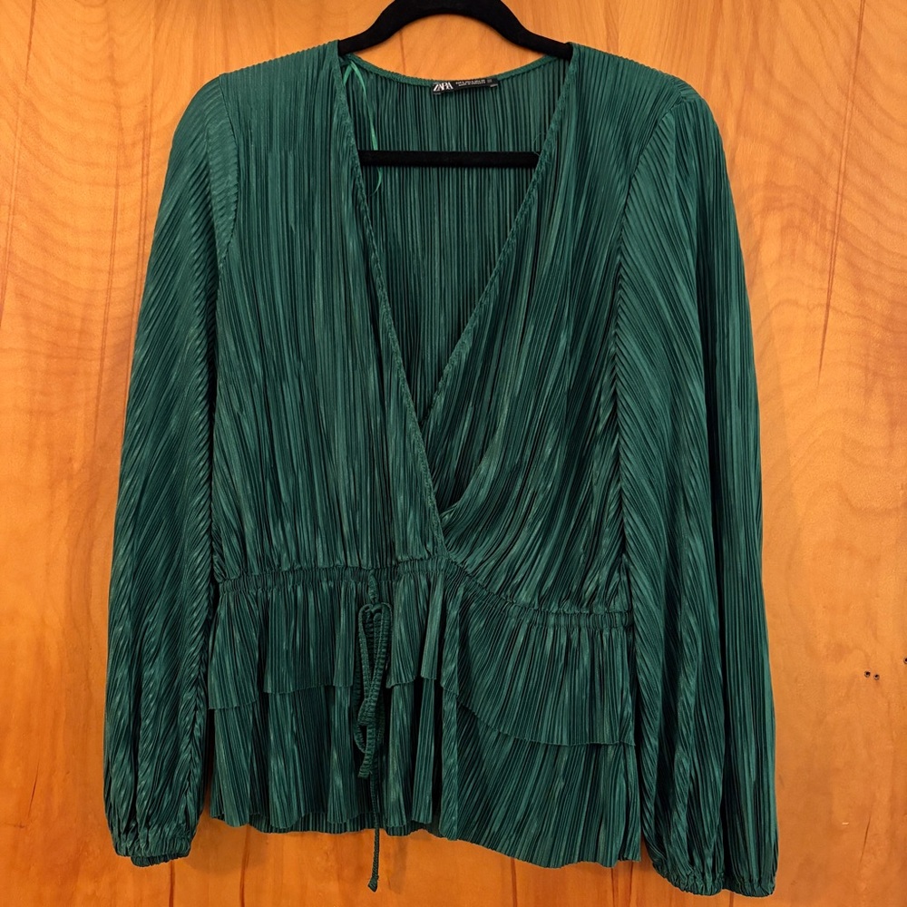 Zara Forest Green Pleated Blouse